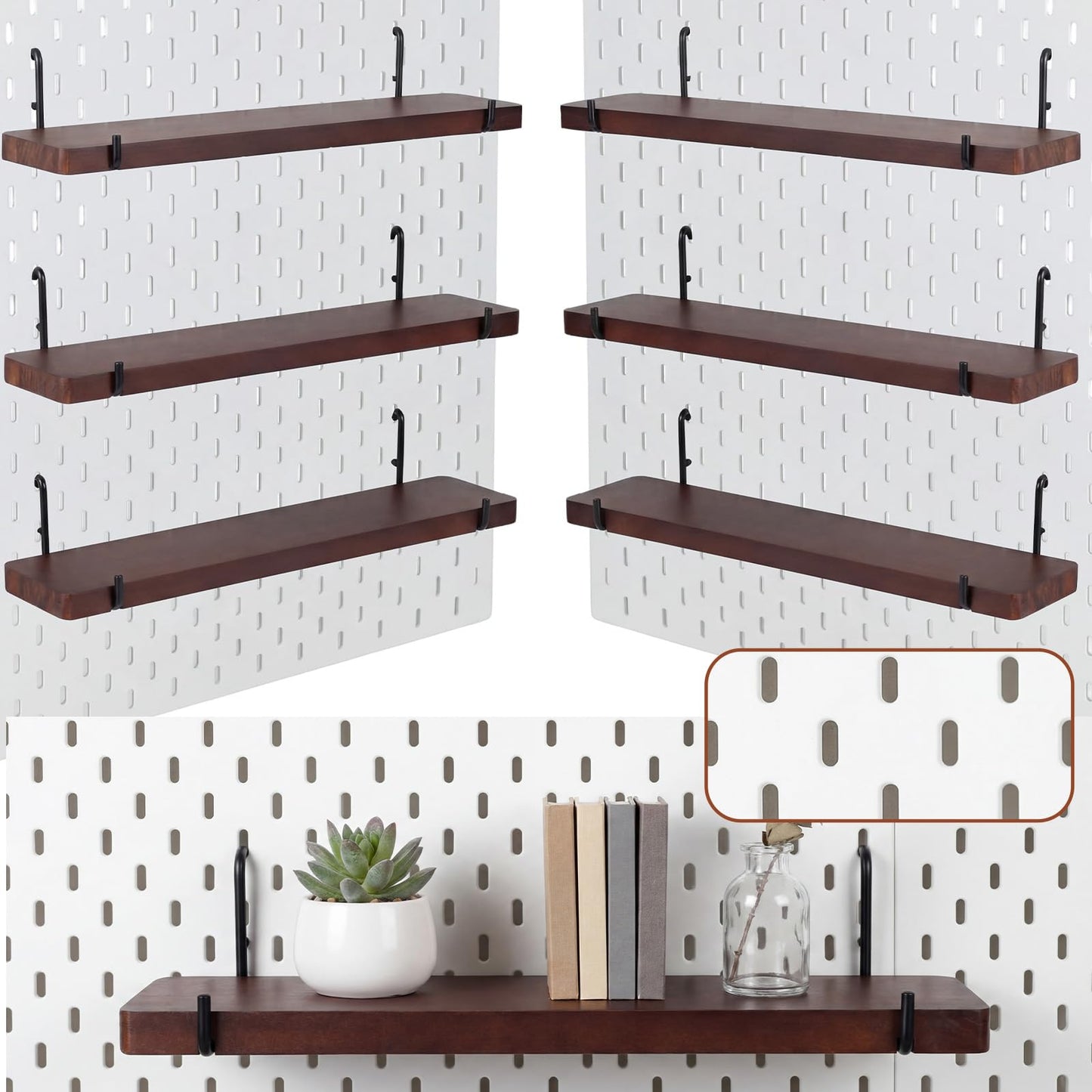 Novabright 6 Pcs Walnut Color Pegboard Shelves Set with Metal Brackets Hooks 11.8 x 4'' Wall Wooden Pegboard Shelving Heavy Duty Accessories for Crafts Office Garage, Compatible with IKEA Skadis