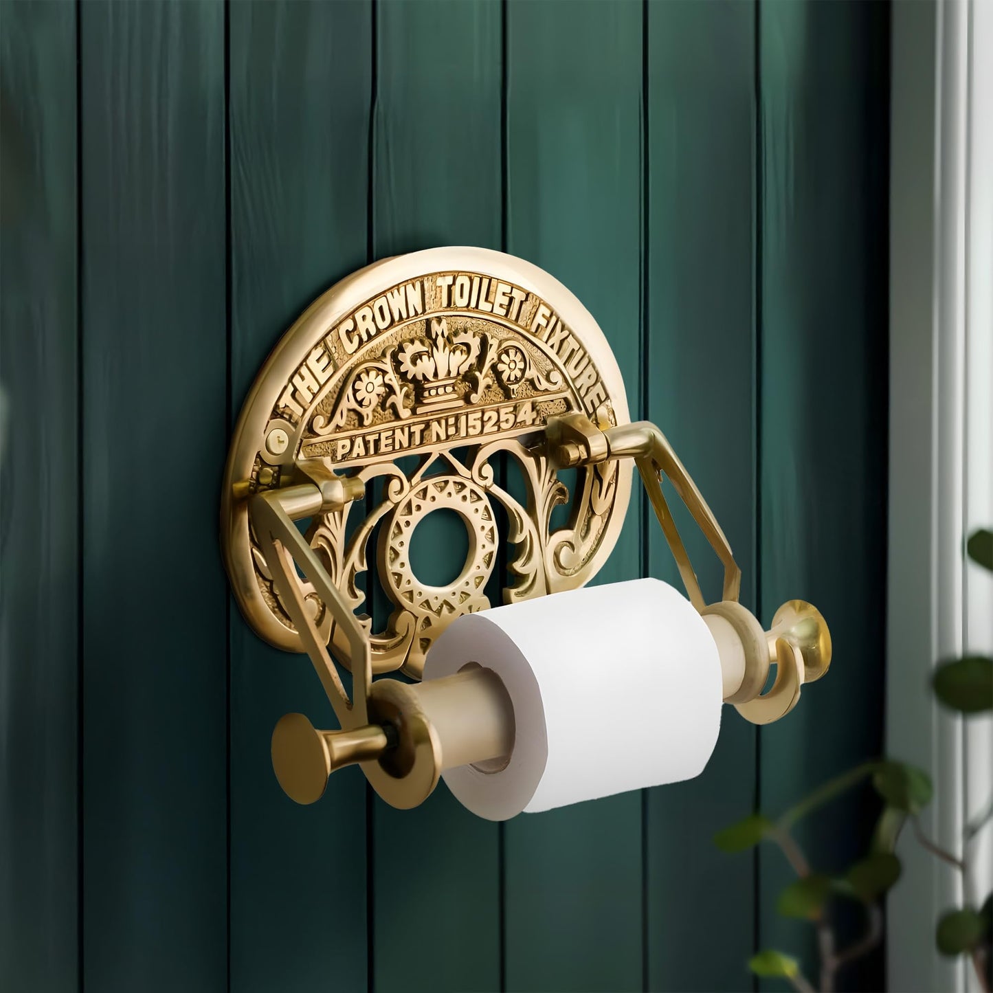 Bright Brass Wall Mount Toilet Paper Holder 7.25" Wide Vintage Crown Style Solid Brass Easy Install Toilet Tissue Paper Holders with Wooden Roll for Bathroom | Renovators Supply Manufacturing