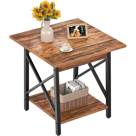GreenForest Square End Table for Living Room, 24 Inch Large Side Table with X-Frame, Farmhouse Tall Bedside Nightstand with 2-Tier Storage Shelf, Rustic Walnut