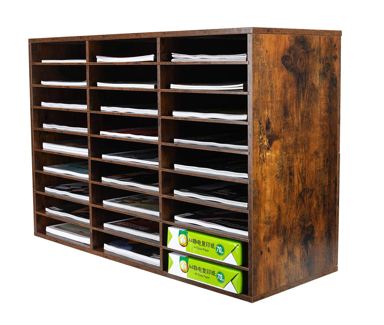PAG Wood Literature Organizer Mail Sorter Student Mailbox for Classroom Desktop Bill Paper Holder for Office Home School, 27 Compartments, Antique Brown