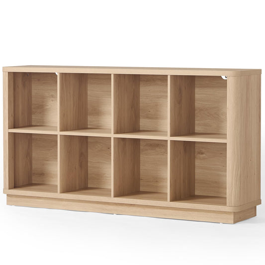 Joaxswe 8 Cube Storage Book Shelf, 52" Long Horizontal Bookshelf with Curved Edge, Floor Standing Wooden Cubby Bookcase with Base, Modern Low Console Book Case, TV Stand for Living Room, Natural Oak