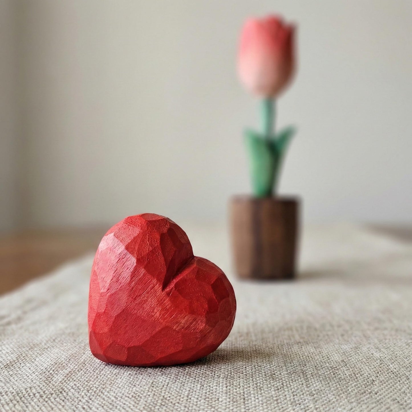 Hand Carved Wooden Tulip Flower with Red Heart Figurine in Gift Box - Everlasting Wood Sculpture for 5th, Valentine’s Day - Painted Faceted Floral Art (Blossom Pink)