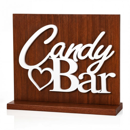 Novabright Candy Bar Wooden Sign with Rustic Wood Backboard & Stable Base, Freestanding Sweet Candy Bar Dessert Table Decor, Centerpiece with Stand for Wedding, Birthday, Bridal Shower & Party