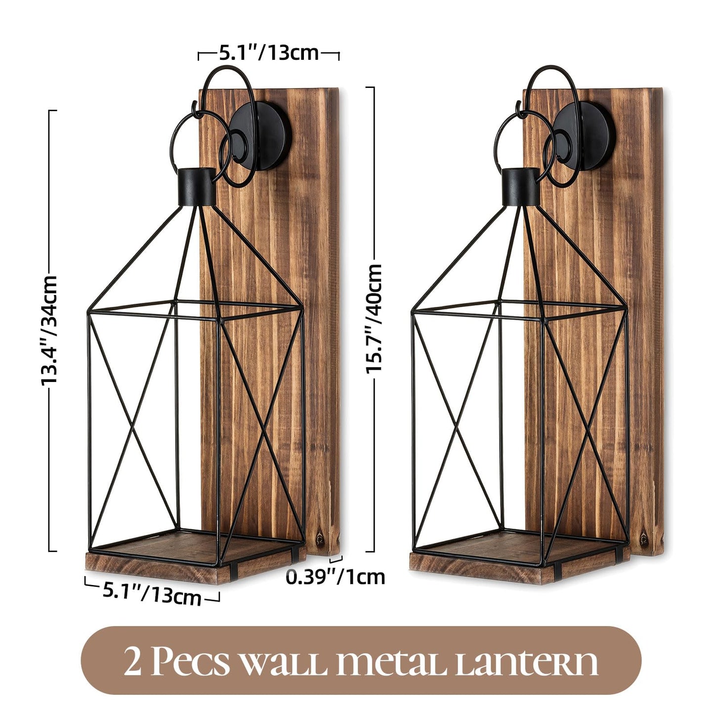 Staymoment Candle Sconces Wall Decor: Set of 2 Farmhouse Wood Candle Holder Indoor Black Metal Lantern Decorations for Living Room Front Porch Yard