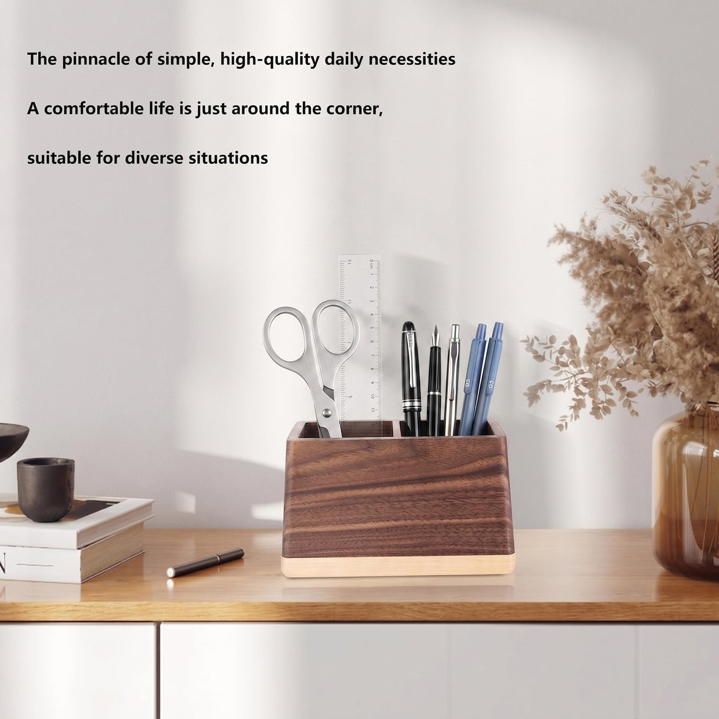 Sakulaya Walnut Pencil Holder Wood Pen Holder for Desk Multiple-Use Desk Writing Stationary Organizer Office School Supplies Storage Double Slots Trapezoid Shape