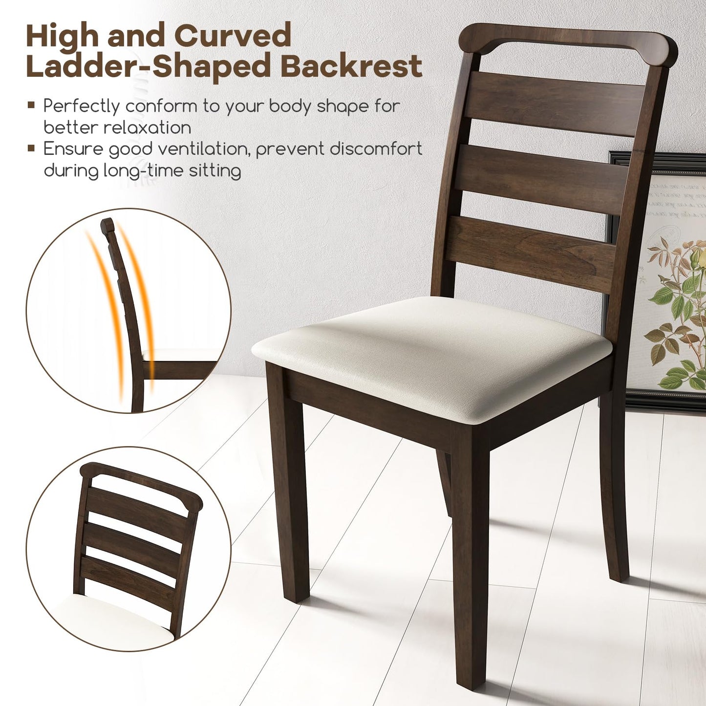 Giantex Wooden Dining Chairs Set of 2, Upholstered Kitchen Chairs w/Rubber Wood Frame, Padded Seat, High Ladder Back, Mid-Century Accent Armless Chairs, Modern Side Chairs for Living Room