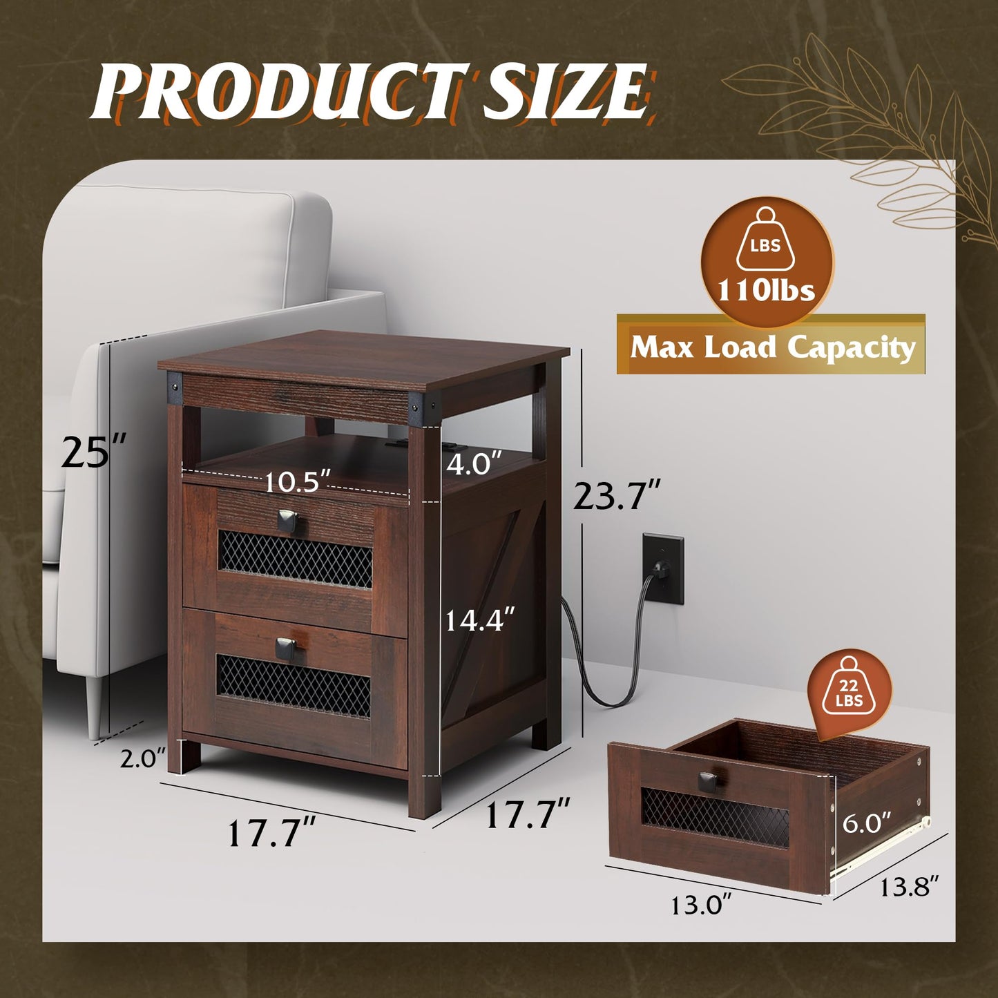 WLIVE Nightstand with Charging Station, Farmhouse End Table, Bed Side Table with 2 Storage Drawers and Open Shelf, Wood Rustic Nightstands for Bedroom, Espresso