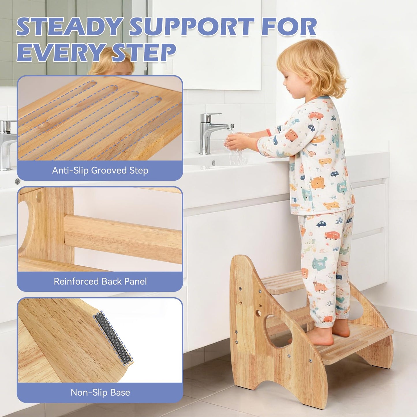 Toddler Step Stool, Adjustable Height 2 Step Stool for Kids with Handles & Non-Slip Pads, Rubberwood Kids Step Stool for Bathroom Sink, Kitchen & Bedroom, Supports Up to 200 lbs, for Adults & Kids