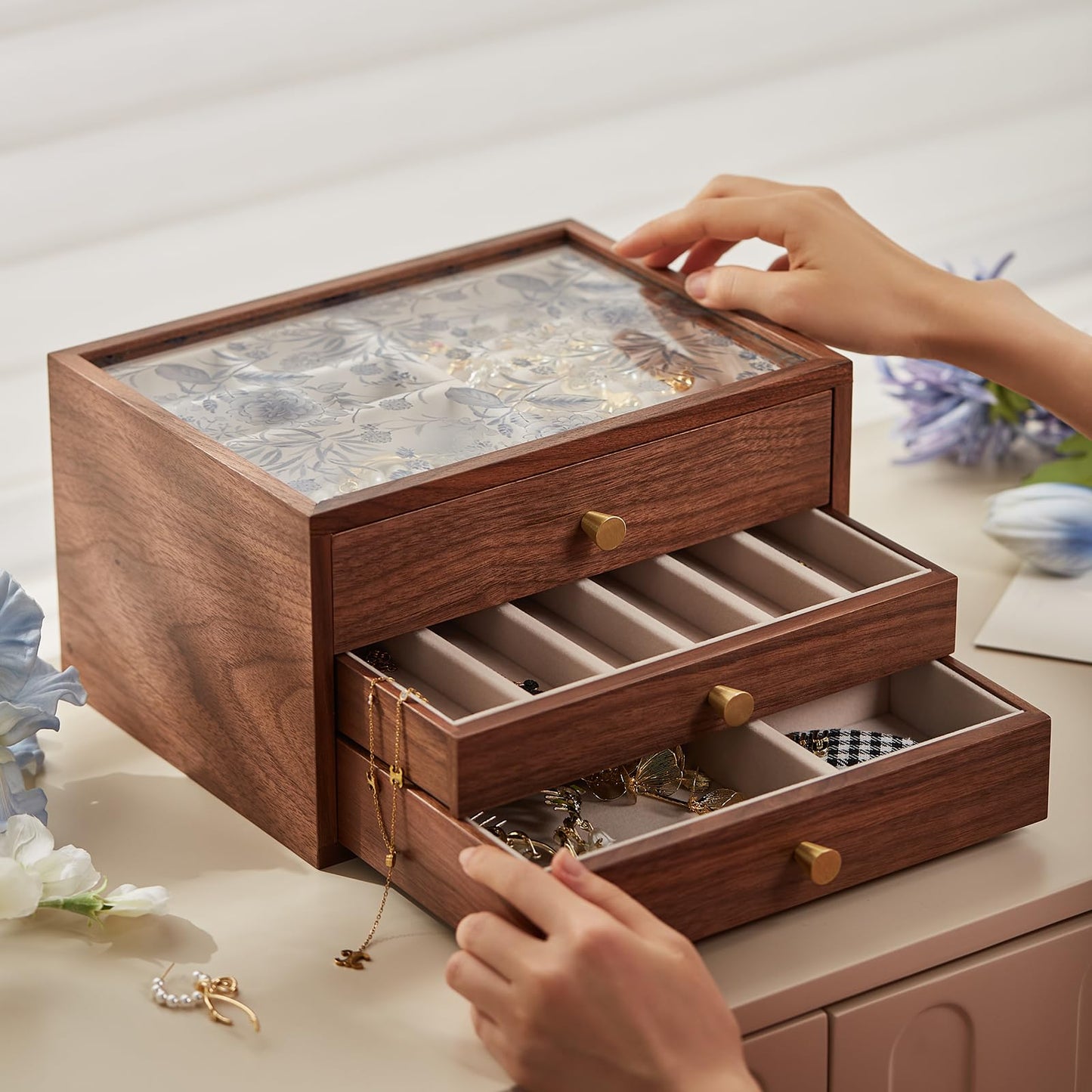 Homruilink Black Walnut Wooden Jewelry Box with Blue Floral Glass Lid for Women, large 3 Layer Drawer Organizer Box for Necklaces, Watch, Necklace, Ring, Earring Storage, Fathers Day Gift