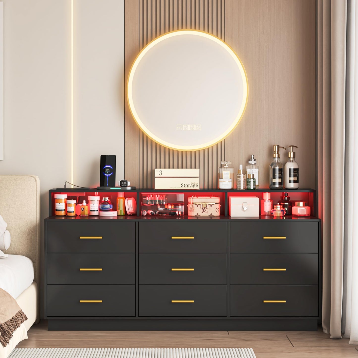 knoworld Black 9 Drawer Dressers for Bedroom, Modern Large Dresser with LED Light and Power Outlet, Wooden Long Dressers, Triple Dresser for Bedroom, Entryway, Hallway
