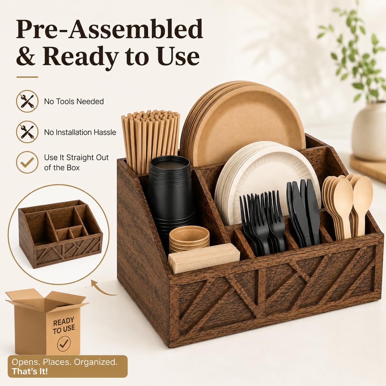 Seerova Living Premium 6 Compartment Wooden Paper Plate and Utensil Organizer – Heavy Duty Silverware & Napkin Caddy for Party, Picnic, BBQ, Kitchen Countertop, Vanity Makeup Storage