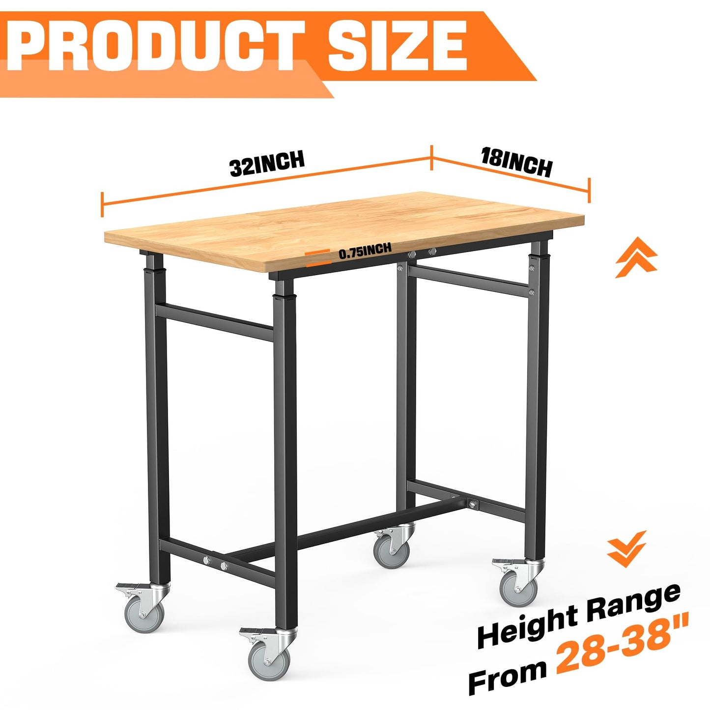 TORACK Adjustable Workbench with Rubberwood Top, Rolling 32" x 18" Heavy-Duty Garage Work Table with Wheels, Height Adjustable 28"–38"