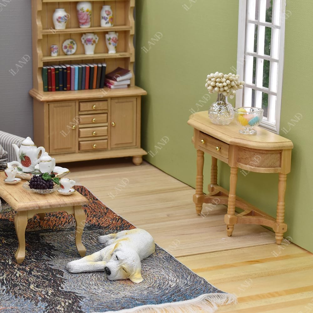 iLAND Miniature Wooden Dollhouse Furniture Set: Sofa, Cabinets, Coffee Table for Dollhouse Living Room (Classic Doll Furniture 7pcs)