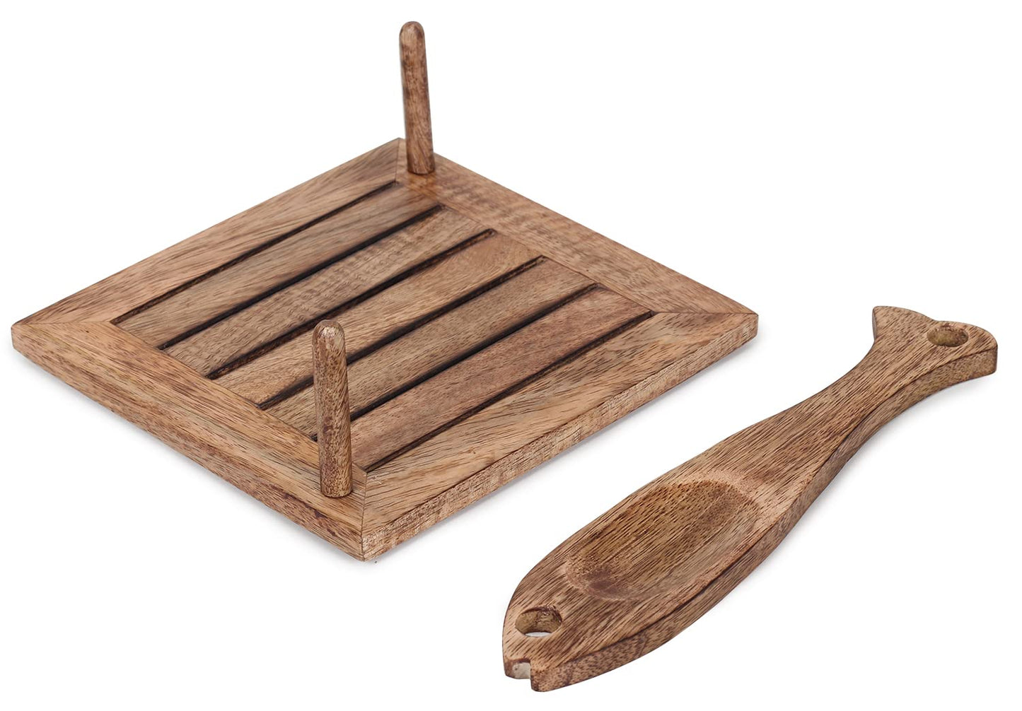 eTroves Wooden Napkin Holder Flat Tray Weighted Fish Shape Bar on Top With Toothpick Holder, 8 Inch, Brown