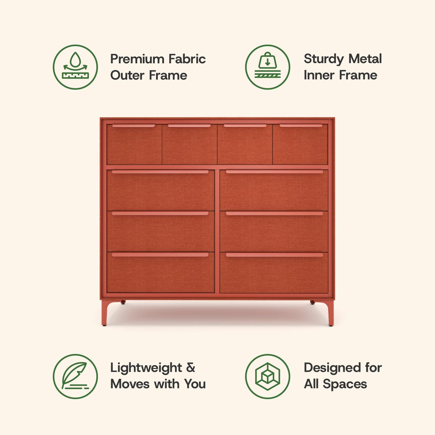 tinge Naima Premium Fabric Dresser - Strong Metal Frame, 10 Spacious Sag-Proof Drawers with Sleek Metal Handles - Premium & Durable Storage Solution for Your Home (Orange)