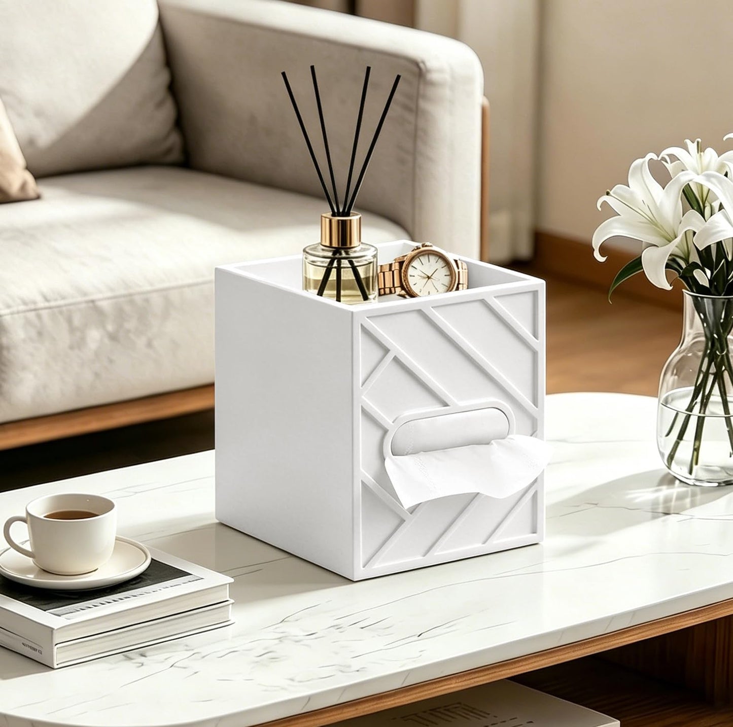 Militwo Aesthetic Tissue Box Cover with Top Tray, Modern Cube Wooden Facial Tissue Holder, Etched Geometric Design Napkin Dispenser for Bathroom, Nightstand, Vanity, Home Theatre
