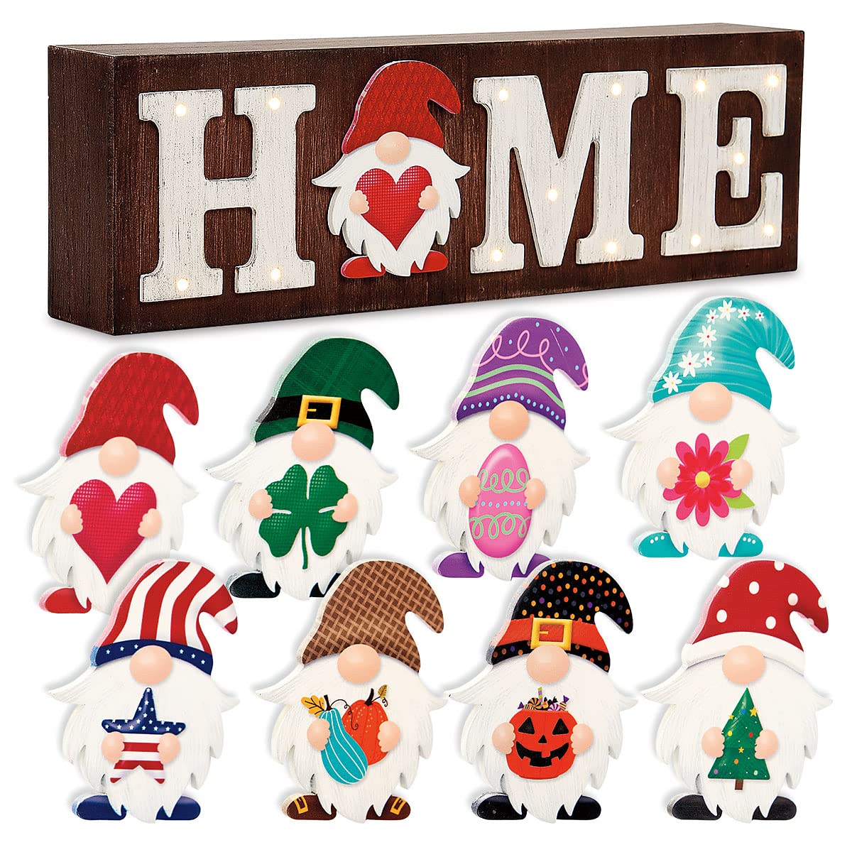 Lillian Vernon Holiday LED Light Gnome Home Table & Shelf Sitter Sign, Seasonal Tabletop Decorations & Rustic Indoor Home Decor, 3 ¾ “ Tall, MDF & Wood