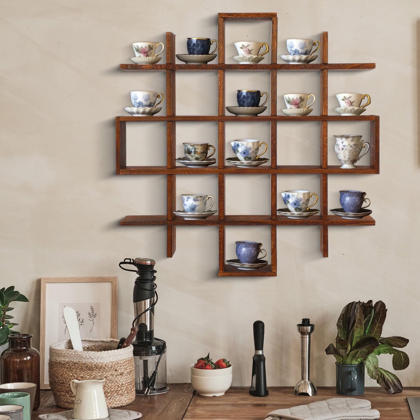 Suzile Oversize Tea Cups and Saucers Shelf Rustic Wooden Coffee Display Shelves Wooden Floating Curio Shelf Mounted Tea and Saucer Rack Holder for Kitchen Station Bar Accessories(Brown)