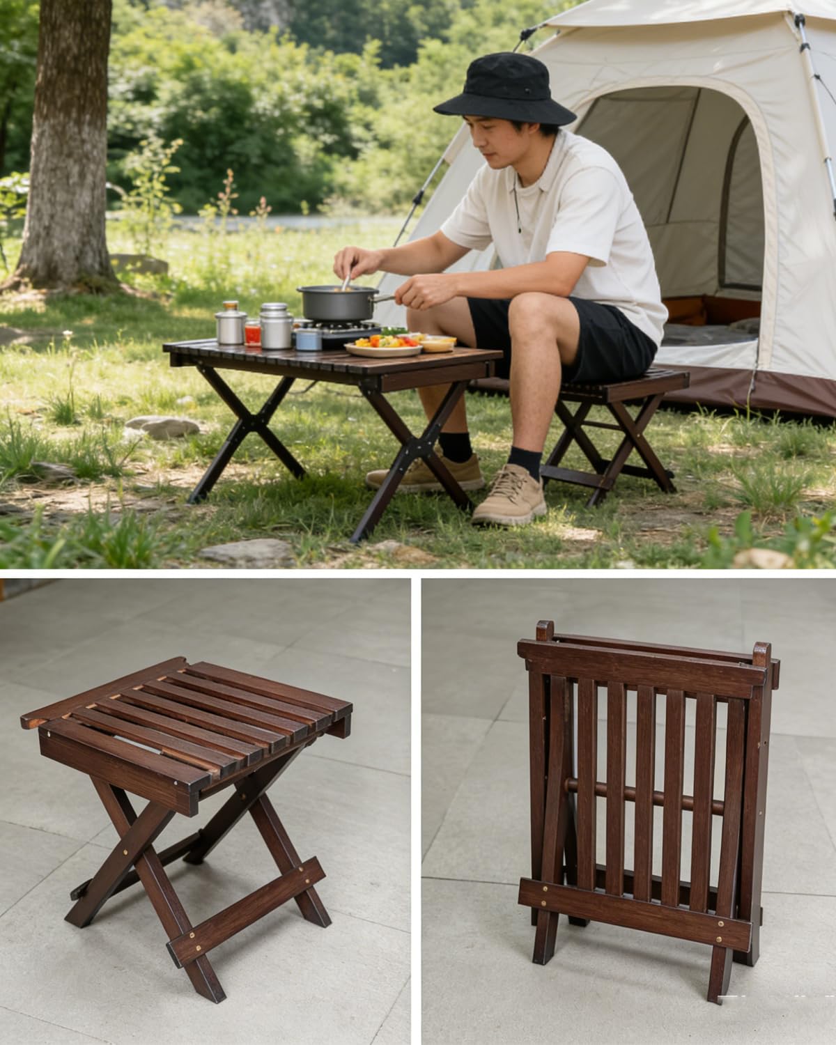 ZHEHUA Walnut Color Bamboo Folding Stool with Backrest 12.5 in