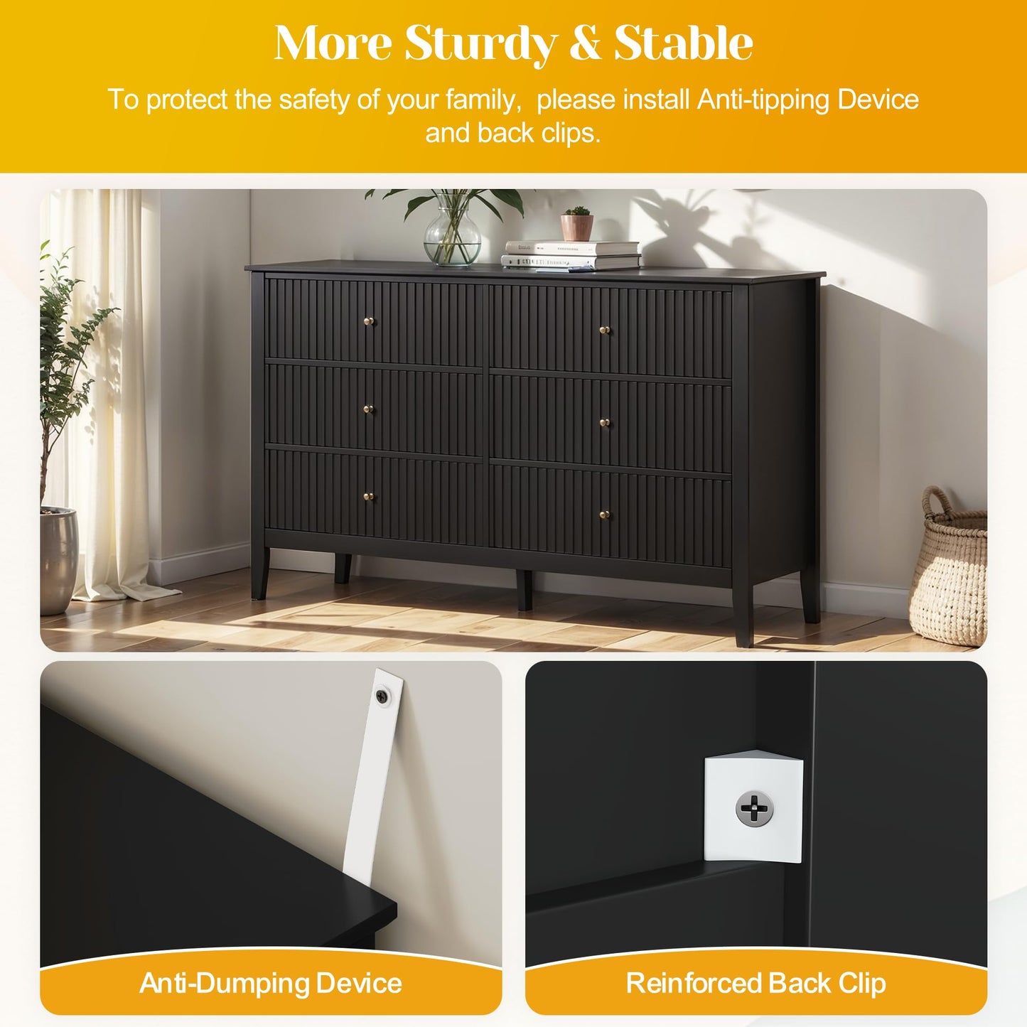 May in Color Black Fluted 6 Drawer Cabinet, Modern TV Console Table, Wood Entryway Table for Storage, Wooden Sideboard Cabinet for Bedroom, Hallway, Living Room