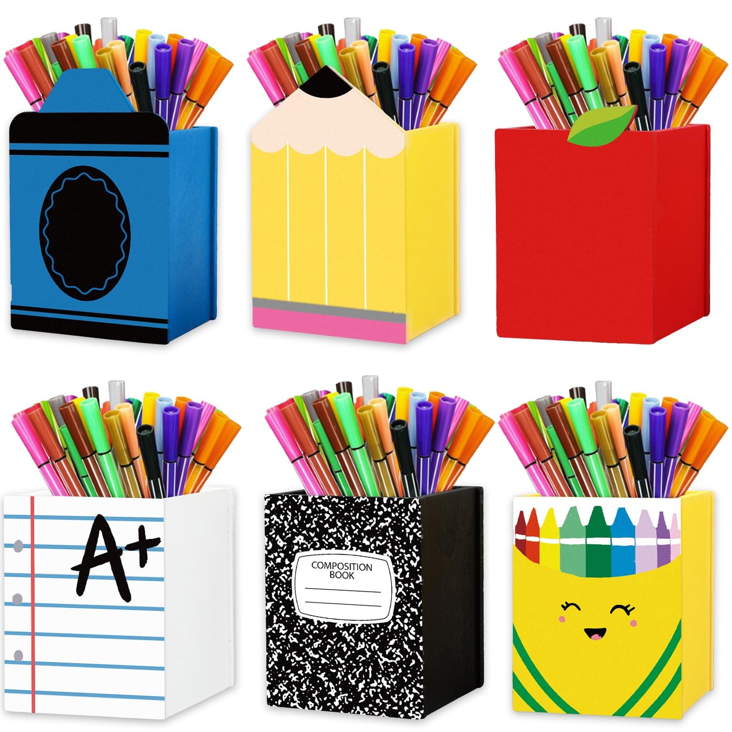 Whaline 6 Pcs Back to School Wooden Pen Holder Pencil Cups Pencil Crayon Composition Notebook Pen Storage Container Stationery Makeup Brush Organizer for Home Office Dorm Desktop Accessories