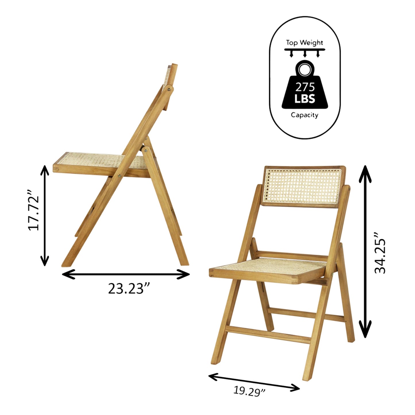 JONATHAN Y Theo Teak Wood and Rattan Folding Chairs Set of 2 for Dining and Living Room, Mid-Century Woven Cane Armless Portable Indoor Accent Seats, Natural Light Brown FLD1000A-SET2