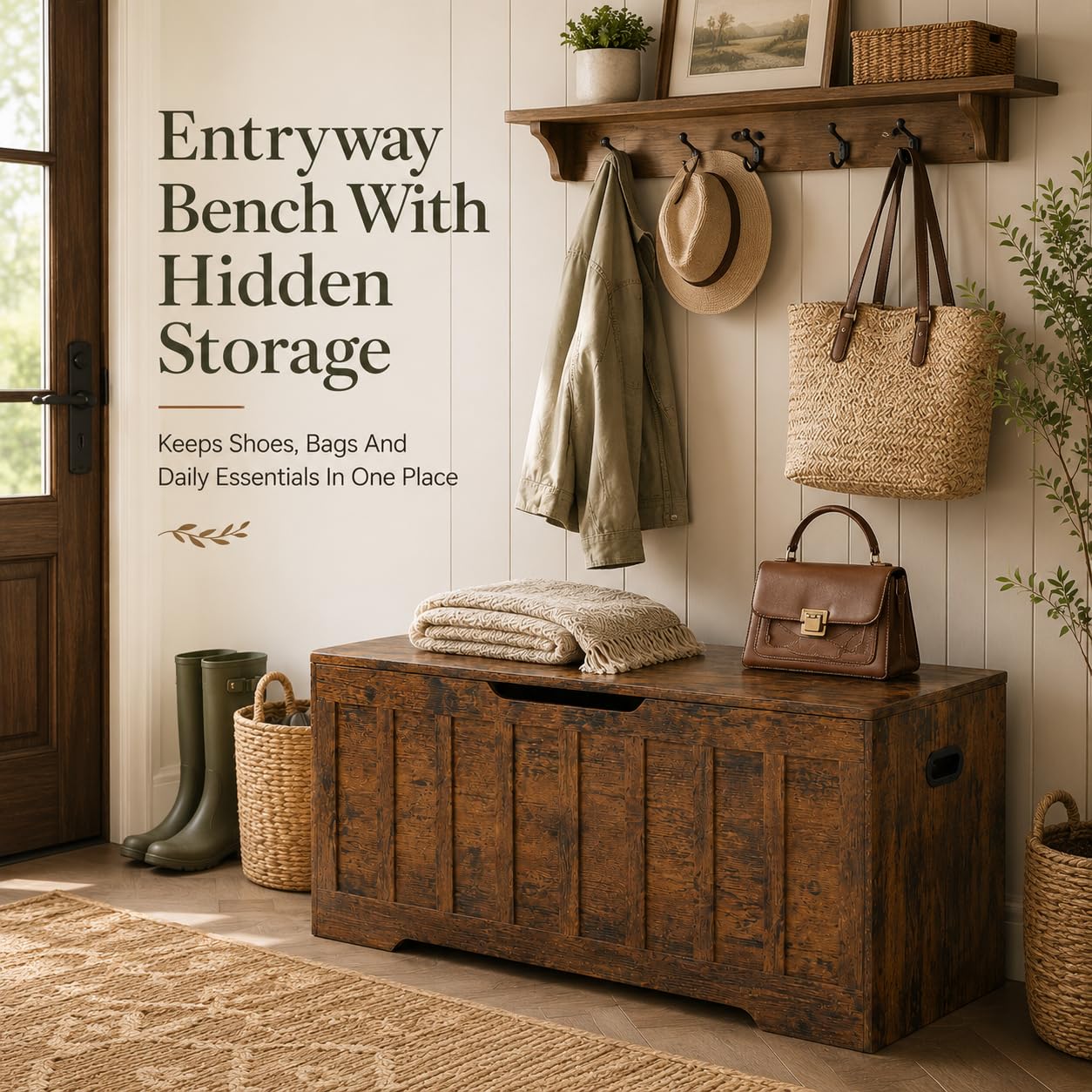 Simple Deluxe 47.2" Storage Chest for Bedroom, Extra Large Wooden Storage Trunk with 2 Safety Hinges, Entryway Storage Bench, Blanket Chest and Storage Benches for Living Room, Hallway, Brown