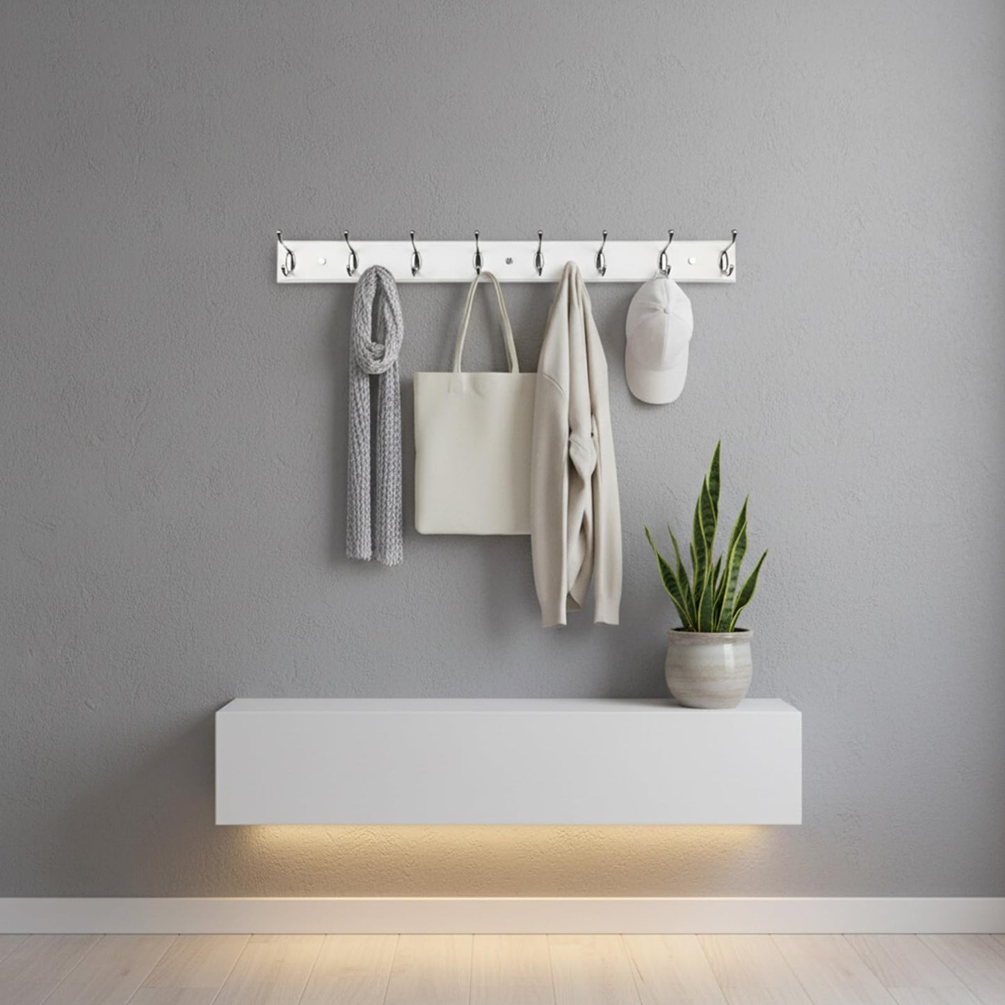 lomejii Wooden Wall Mounted Coat Rack – 31 Inch, White with 8 Silver Hooks for Entryway, Hallway, Bedroom