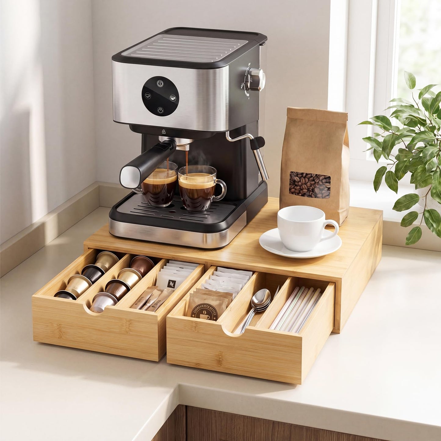 RRX Bamboo Coffee Pod Holder Drawer,15.35''Lx11.22''Wx3.35''H (Beige, 30)