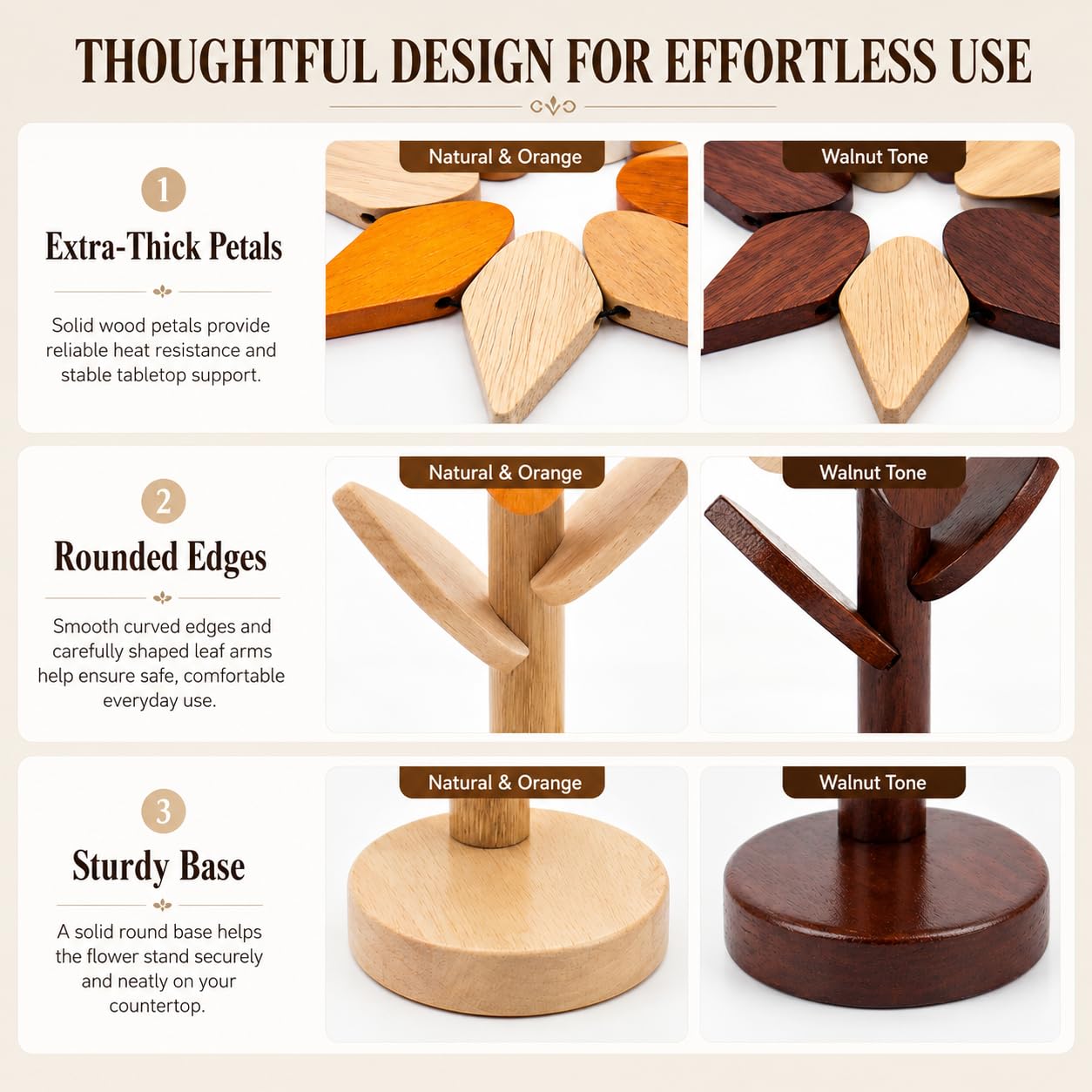 Cycayit 5-Piece Wooden Flower Trivets for Hot Pots and Pans with Storage Stand - Flippable Beech Wood Wooden Trivet Tree, Hot Pads for Kitchen, Tree Trivet, Trivets for Hot Dishes, Kitchen Gifts