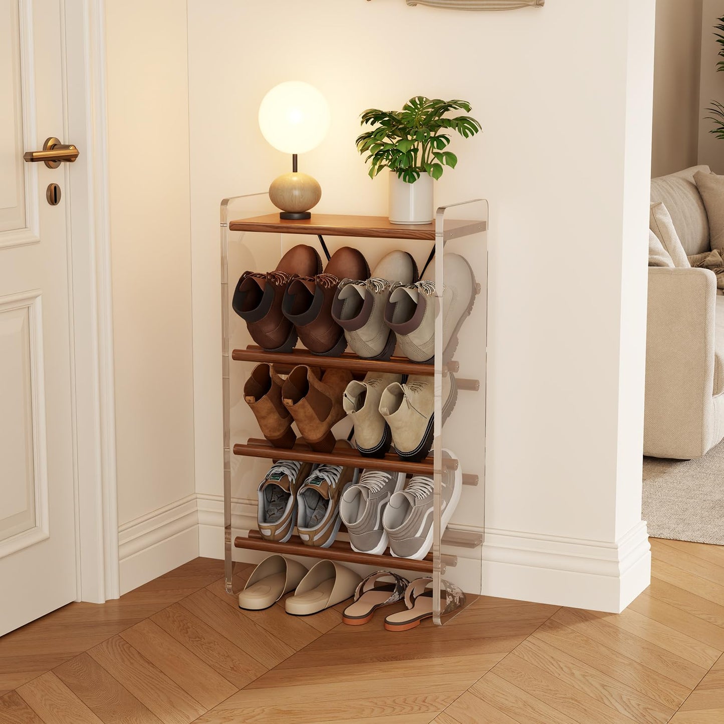 YQJJGL Shoe Rack, 4-Tier Slanted Shoe Shelf with Wooden Top Panel, Solid Wood and Acrylic Shoe Organizer Rack, Shoe Storage Rack Ideal for Entryway, Bedroom, Closet and Living Room (Walnut 19.5" W)