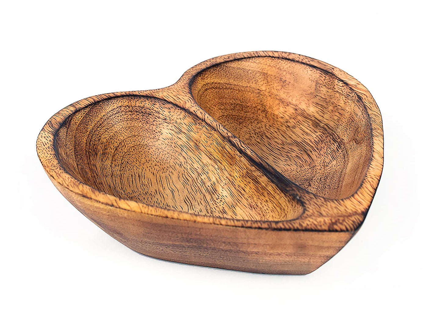 WitnyStore Heart Shaped Wood Bowl 6" Brown 2 Partitioned Handcraft Wooden Bowls Collectible Functional Serving Tray Dish Plate Hand Made Decorative Tableware Candy Nuts Desserts Fruit Home Décor Gifts