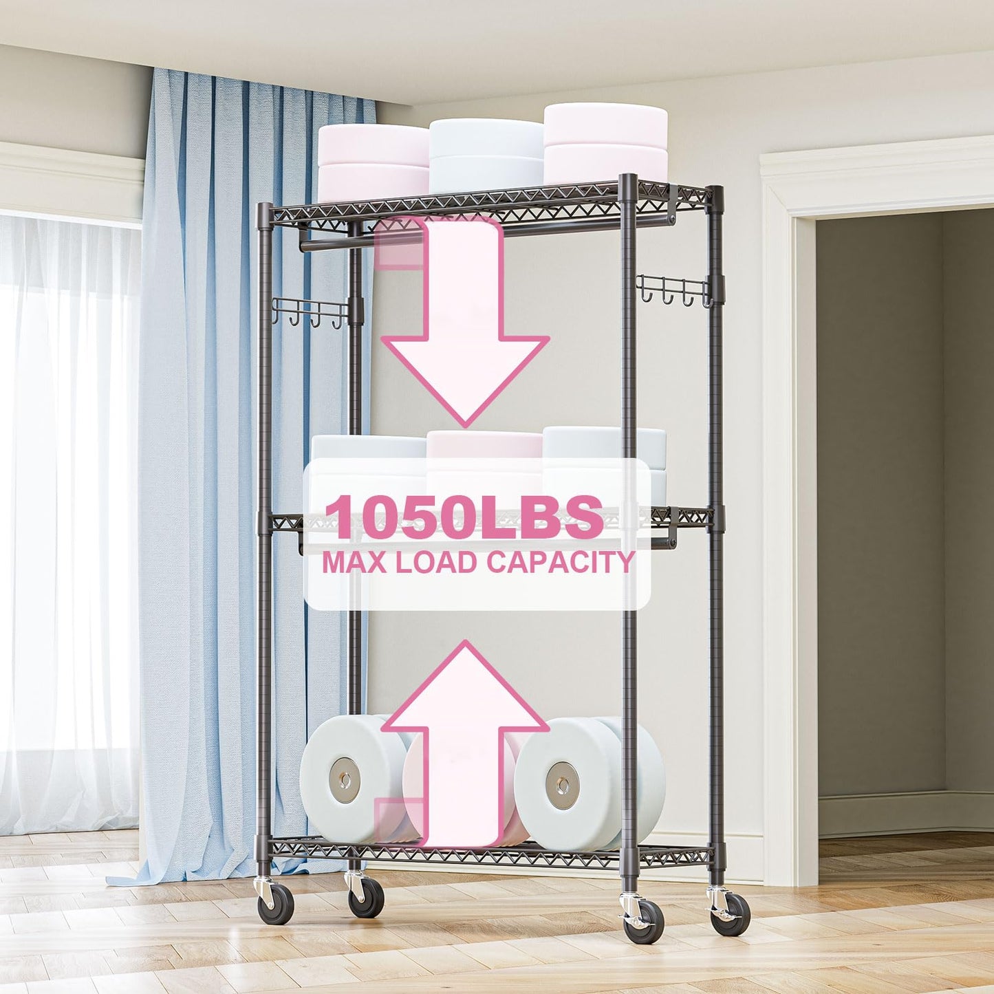 M MZG Heavy Duty Rolling Garment Rack 3 Tiers Adjustable Wire Shelving Clothes Rack with 2 Rods and Side Hooks,Storage Closet Clothing Rack with Wheels Black 15.7" D x 45.3" W x 79.6" H
