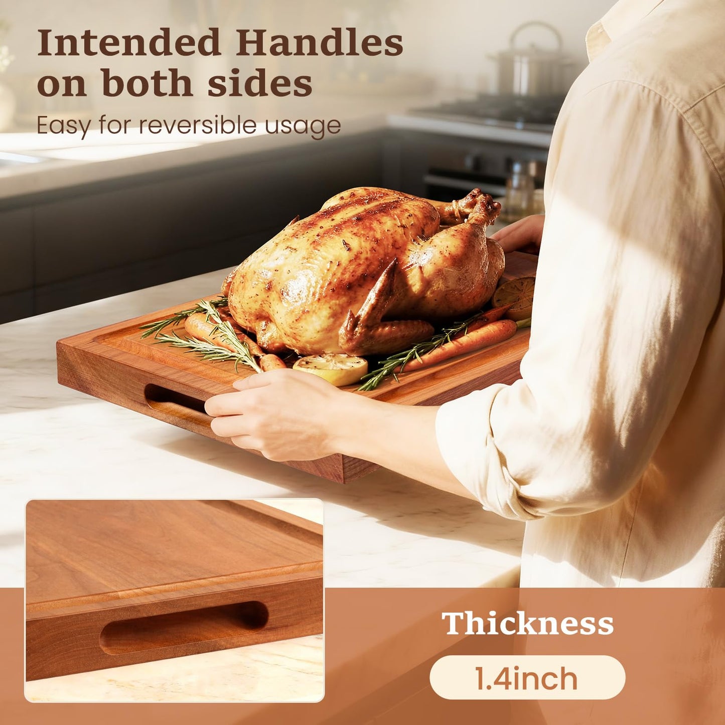 Empune Cherry Wood Cutting Boards for Kitchen Wooden Cutting Board with Handle, Chopping Board with Built-in Juice Groove & Well, Heavy-duty Charcuterie Board Butcher Block, 16.5x11.8x1.4 Inches