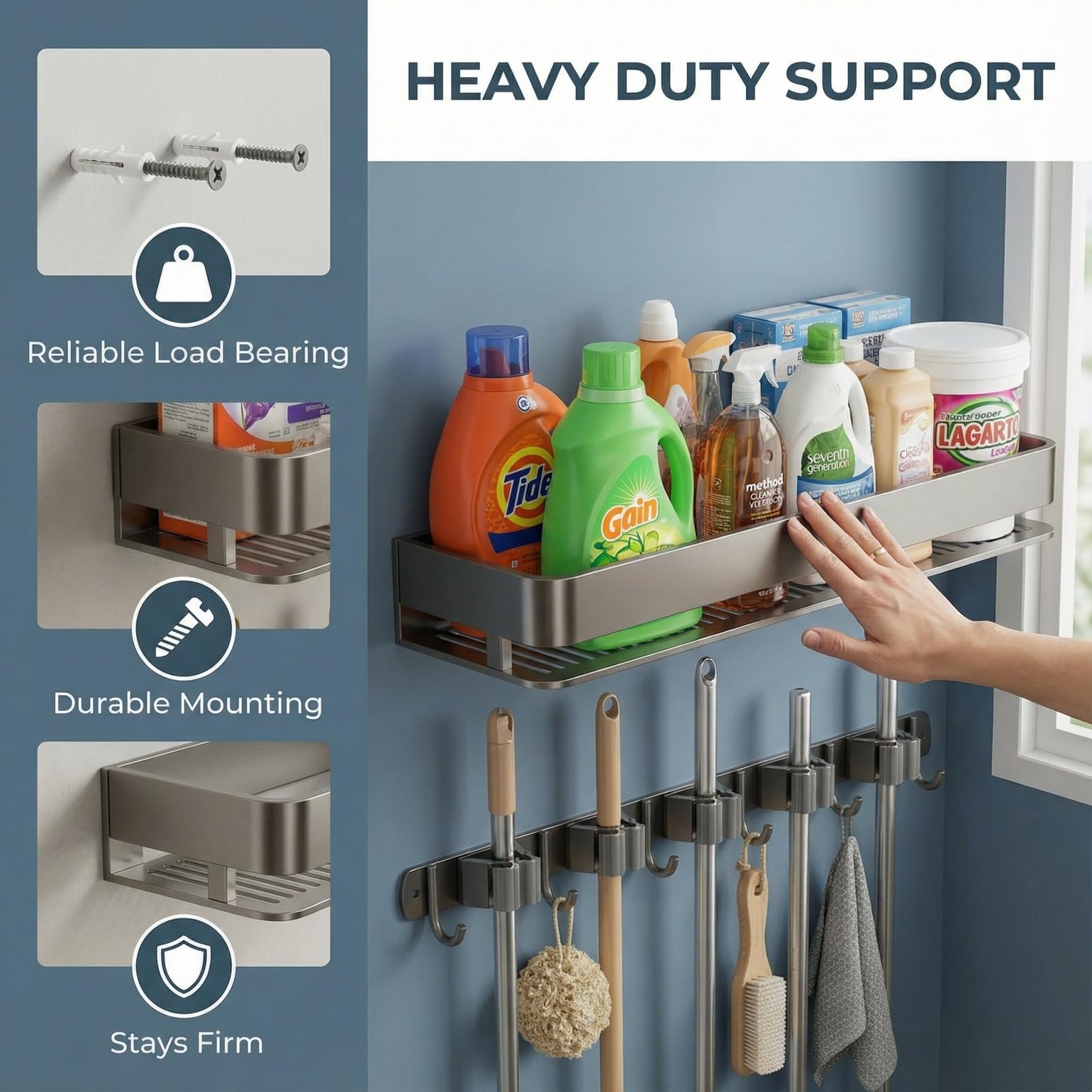 Wall Mount Organizer with Heavy-Duty Hooks and Sturdy Shelf - Holds Brooms, Mops, Vacuums & Cleaning Supplies. Perfect for Laundry Room Organization, Garage Storage, and Closet Shelving（24 inches）
