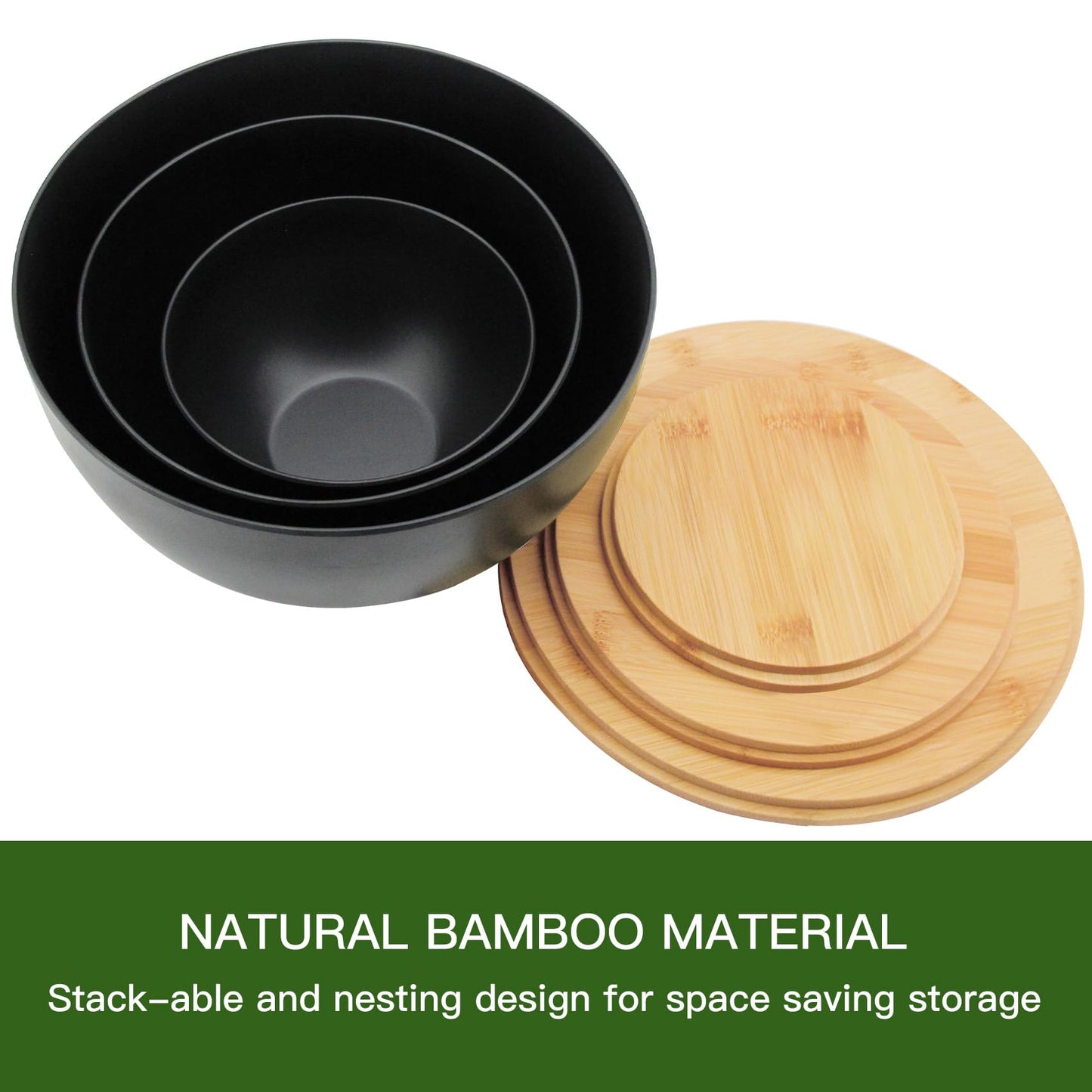 ECOWAY Salad Bowl Set of 3 with Bamboo Wooden Lids, Mixing Bowls Set, Nesting Bowls for Space Saving Storage, Made with Durable Eco-Friendly Bamboo Fiber, Great for Prepping and Serving Food, Black