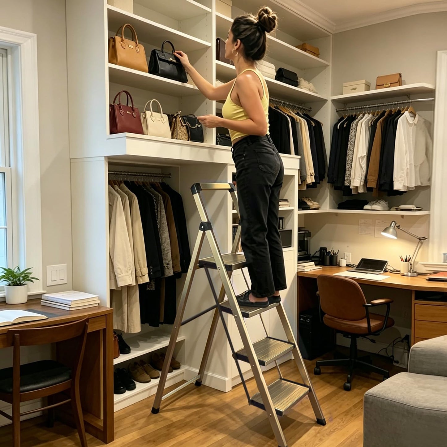BIBKOKE Step Ladder 3-Step Champagne Finish Aluminum Folding Ladders