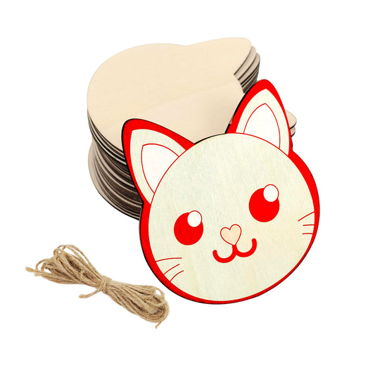 30 Pack 4 Inch Wood Cat Head Cutouts Unfinished Wood Cat Head Crafts Wooden Cat Head Hanging Ornaments DIY Craft Gift Tags for Home Party Decoration