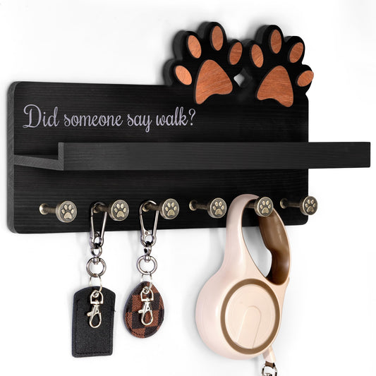 MTERSN Decorative Dog Leash Holder for Wall - Dog Accessories Organizer with Floating Shelf & 6 Hooks for Home Decor - The Cute Key Holder Wall Mount for Dogs Lover Gifts (Black)