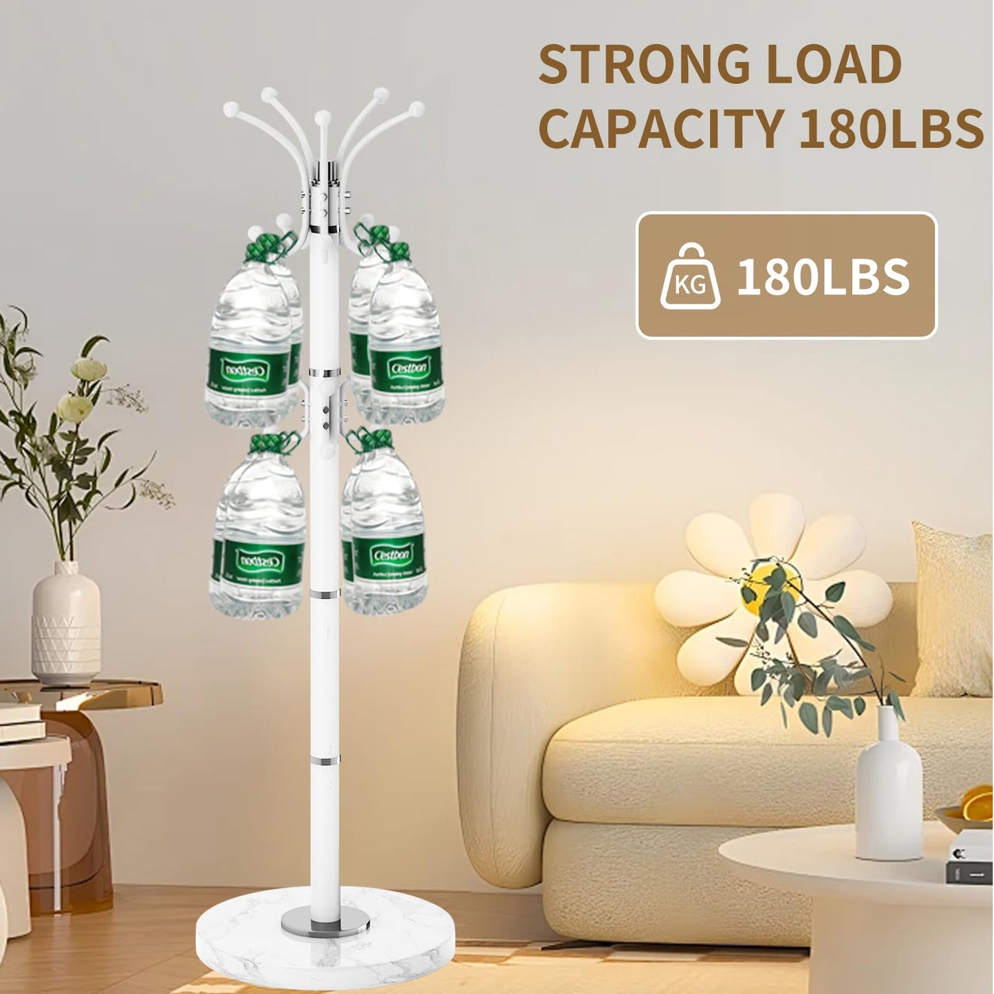 LOZABEE Metal Heavy Duty Coat Rack Stand, Modern 360° Roraty Freestanding Coat Rack with Natural Marble Base, White Coat Racks Hall Tree Hanger Stand with 16 Hooks for Entryway, Office