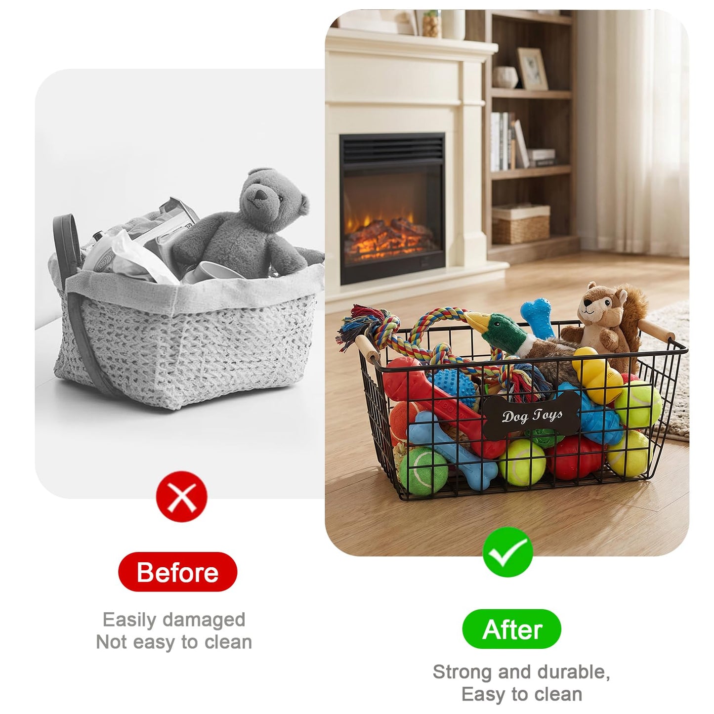 Bromjavol 2-piece Metal Dog Toy Basket with Wooden Handles, Indestructible Dogs Toy Storage Bin, Dogs Organizer Box for Living Room-Chew Proof-Ideal for Outdoor and Indoor-Black