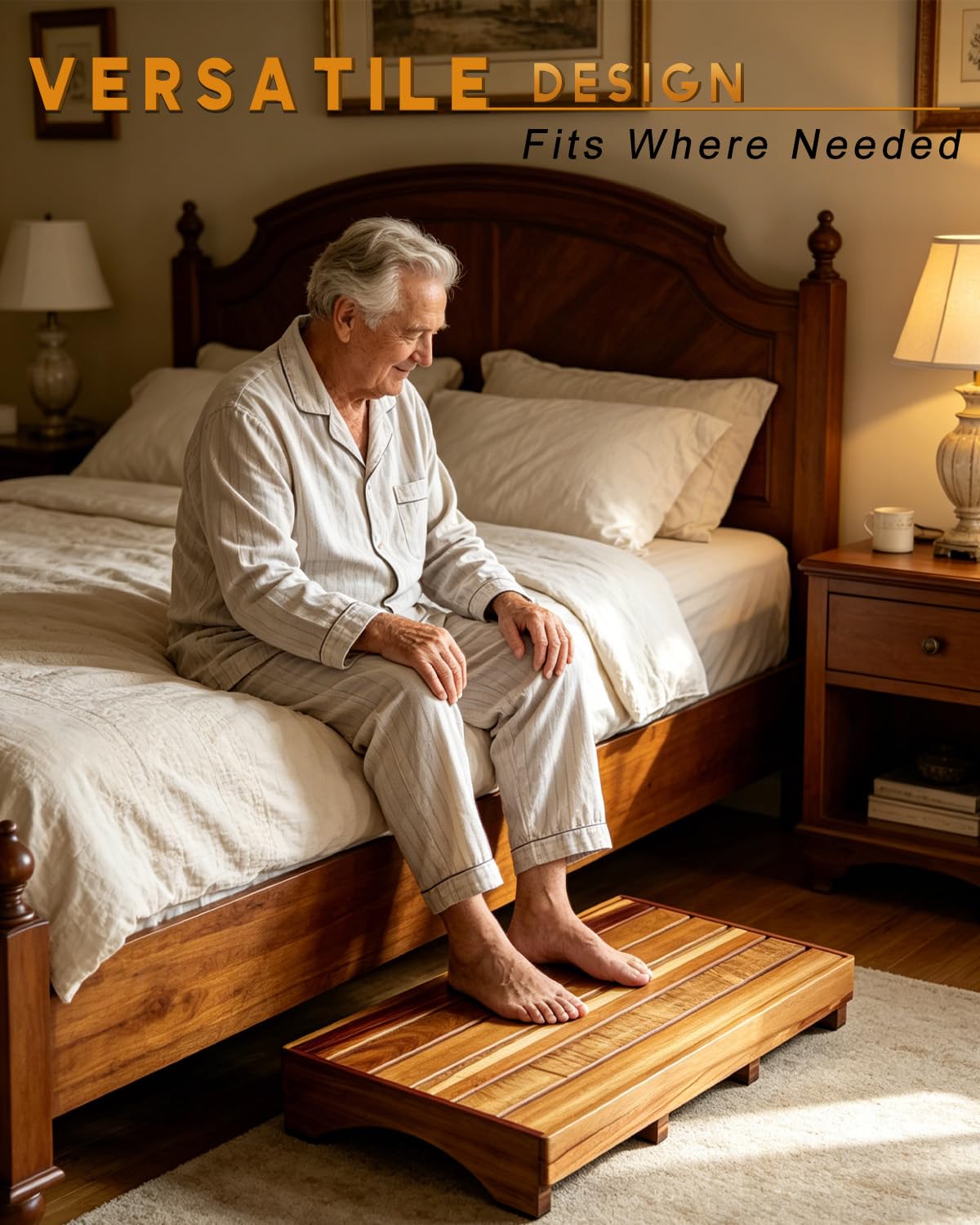 OurMiao Acacia Wood One Step Stool for Adults Elderly Kids (Size: 26" x 15.75" x 3.5"), Large Wooden Stepping Platform for Bed, Bathroom, Kitchen, Garden