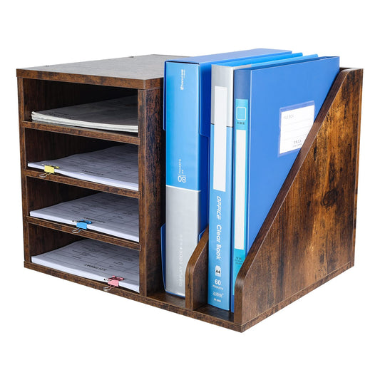PAG Wood Desktop File Holder Organizer Mail Sorter for File Folders, Mails, Envelopes, Mailing Supplies or Magazines, Brown