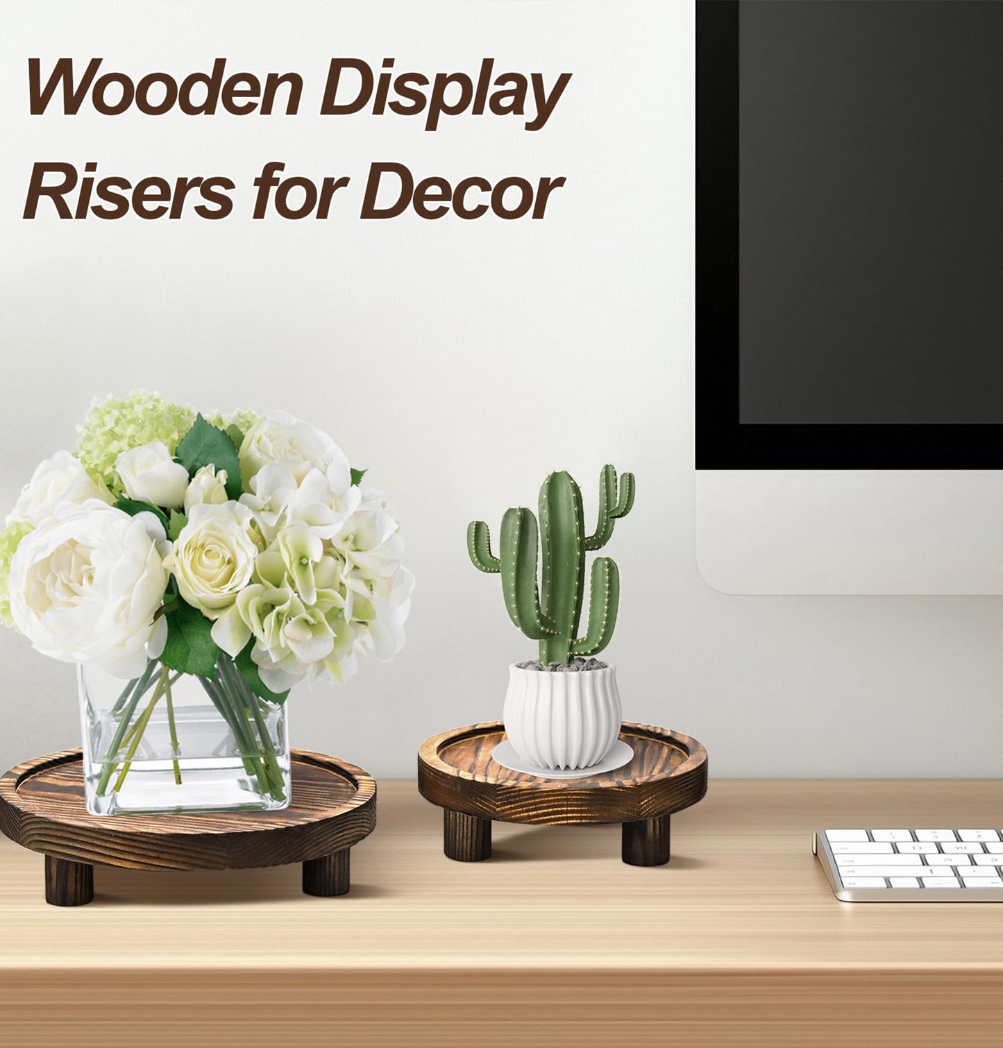 LINGXIANSENG 3 Pcs Wooden Risers for Display, Round Wood Riser Plant Stand 5/6/8" Pedestal Stand, Flower Pot Holder Small Planter Tray for Kitchen Home Décor (Brown)
