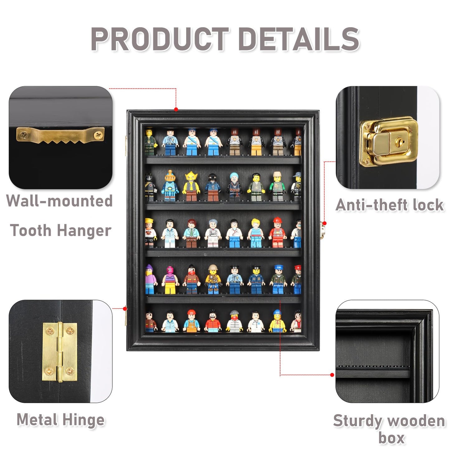 DuvinDD Display Case Wall-Mounted Lego Minifigure Display Case Floating Lego Shelves Wooden Display Cabinet with UV Protect Door, Lockable Dustproof Showcase Thimble Display Case