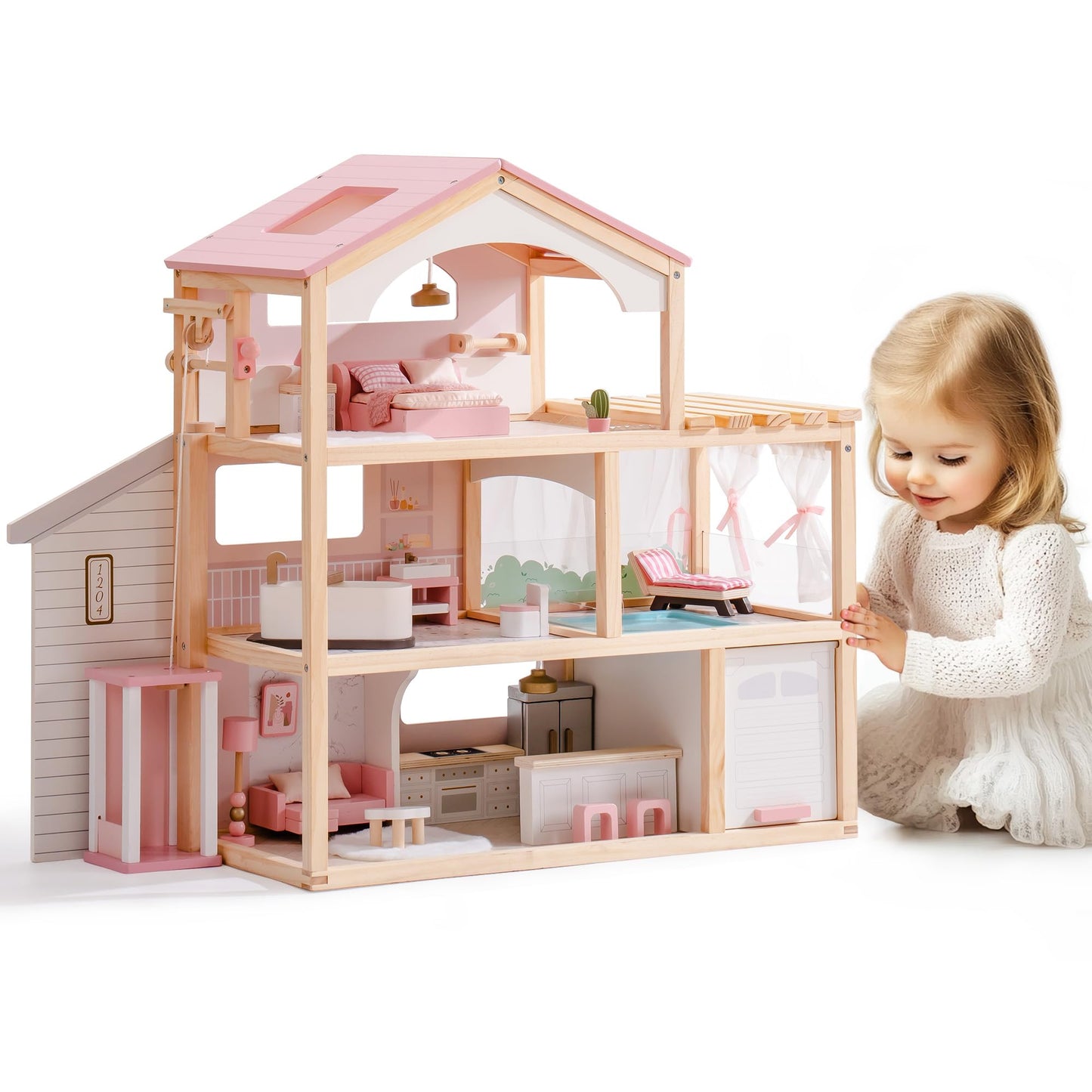 ROBOTIME Wooden Dollhouse, Doll House with 29 Pieces Furniture Set - Pool and Elevator, Wooden Doll House for 4, 5, 6-Inch Dolls, 6 Rooms Pink Dollhouse Gift for Kids Girls Ages 3+ (Pink)
