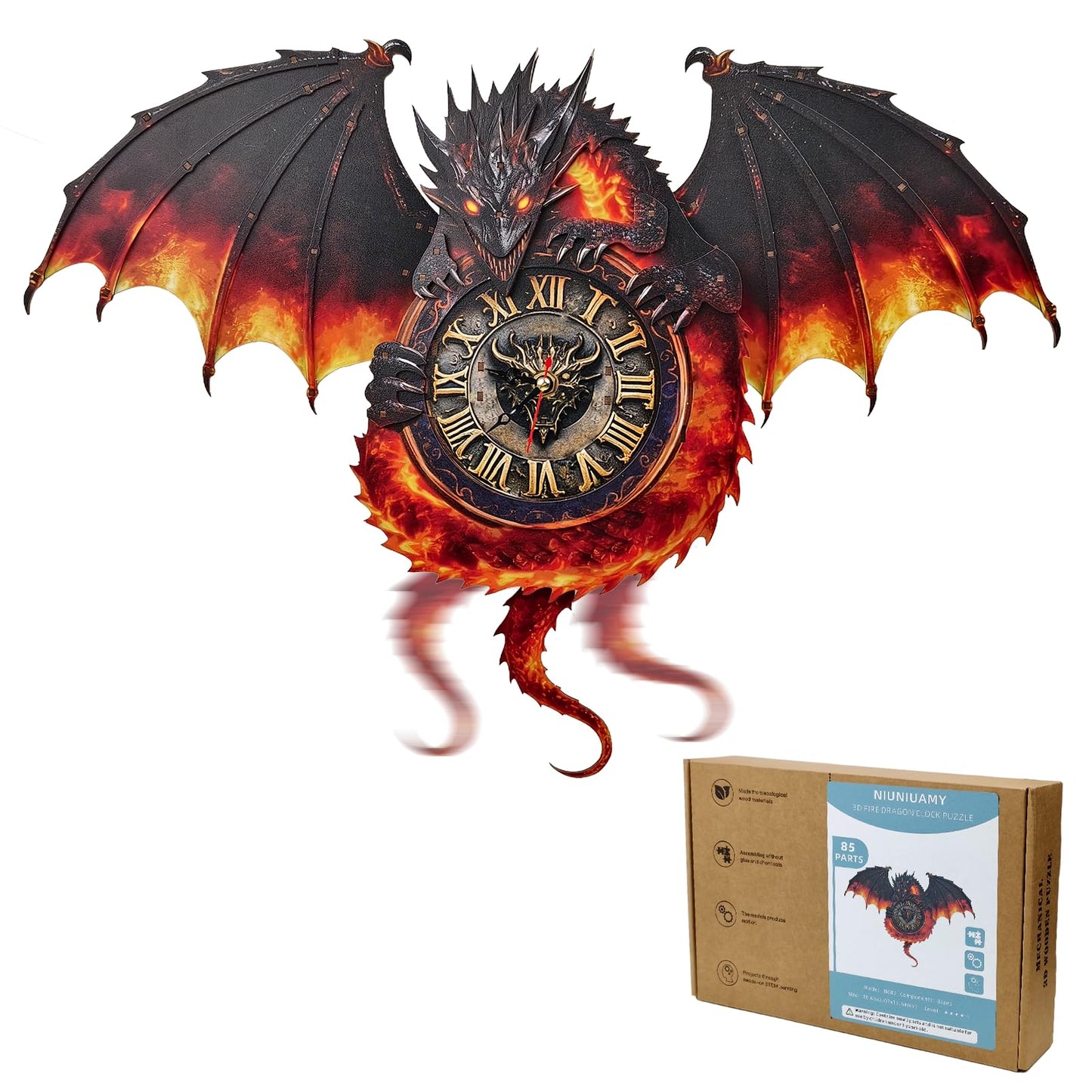 3D Wooden Puzzle Dragon Clock, Mechanical 3D Puzzle for Adults, Adult Crafts Model Clock Kit (with Pendulum), Fire Dragon Decor, Challenging Wooden Puzzles for Adults, Gifts for Women Men