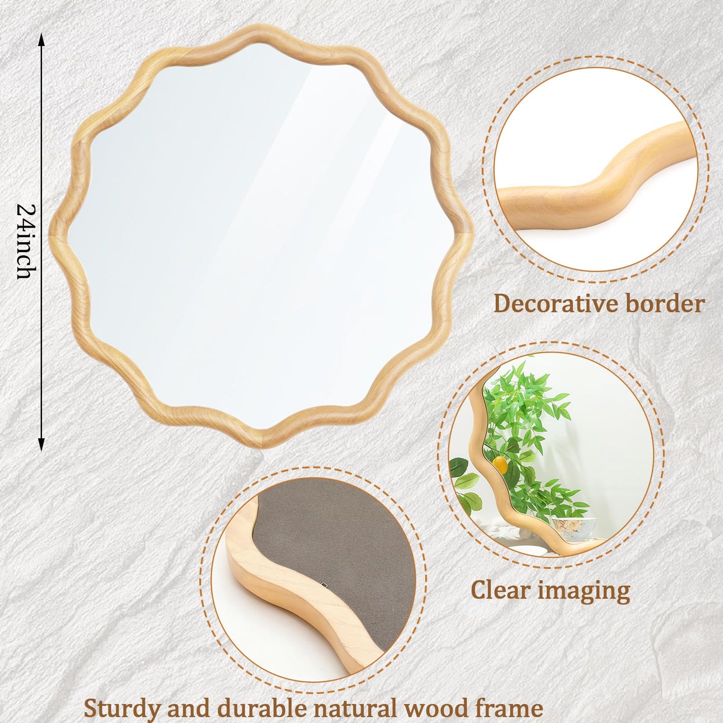 Vercraft 24 Inch Scalloped Wooden Bathroom Round Circle Mirror for Wall, Boho Wavy with Tempered Glass, Natural Frame Hanging for Bedroom, Living Room, Entryway, Farmhouse (Natural Wood Color)
