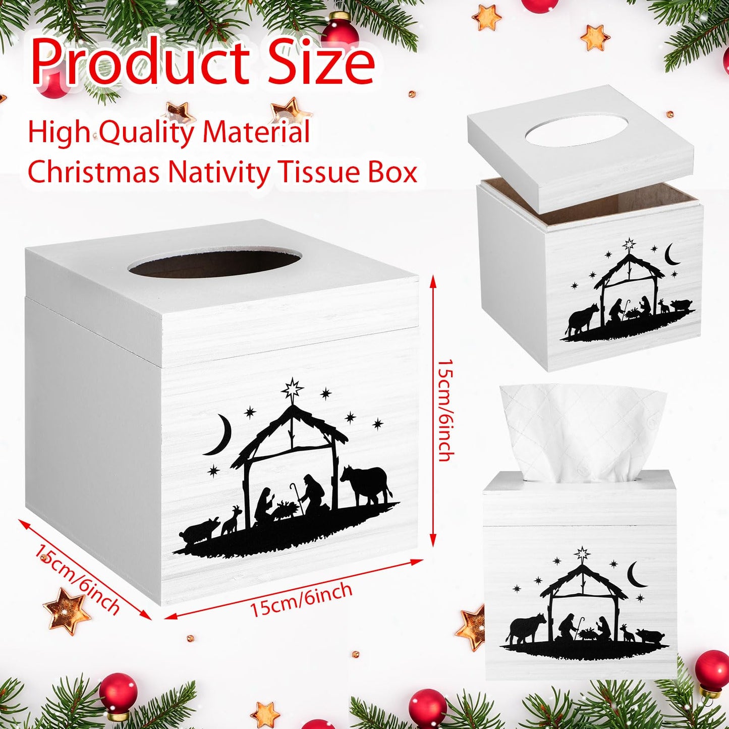 Yookeer Christmas Nativity Tissue Box Cover Square Wooden Decorative Tissue Box Holder Cube Organizer for Home Tabletop Night Stands Bathroom Kitchen Car Desk Office Decor, 5.9 x 5.9 x 5.9 Inches