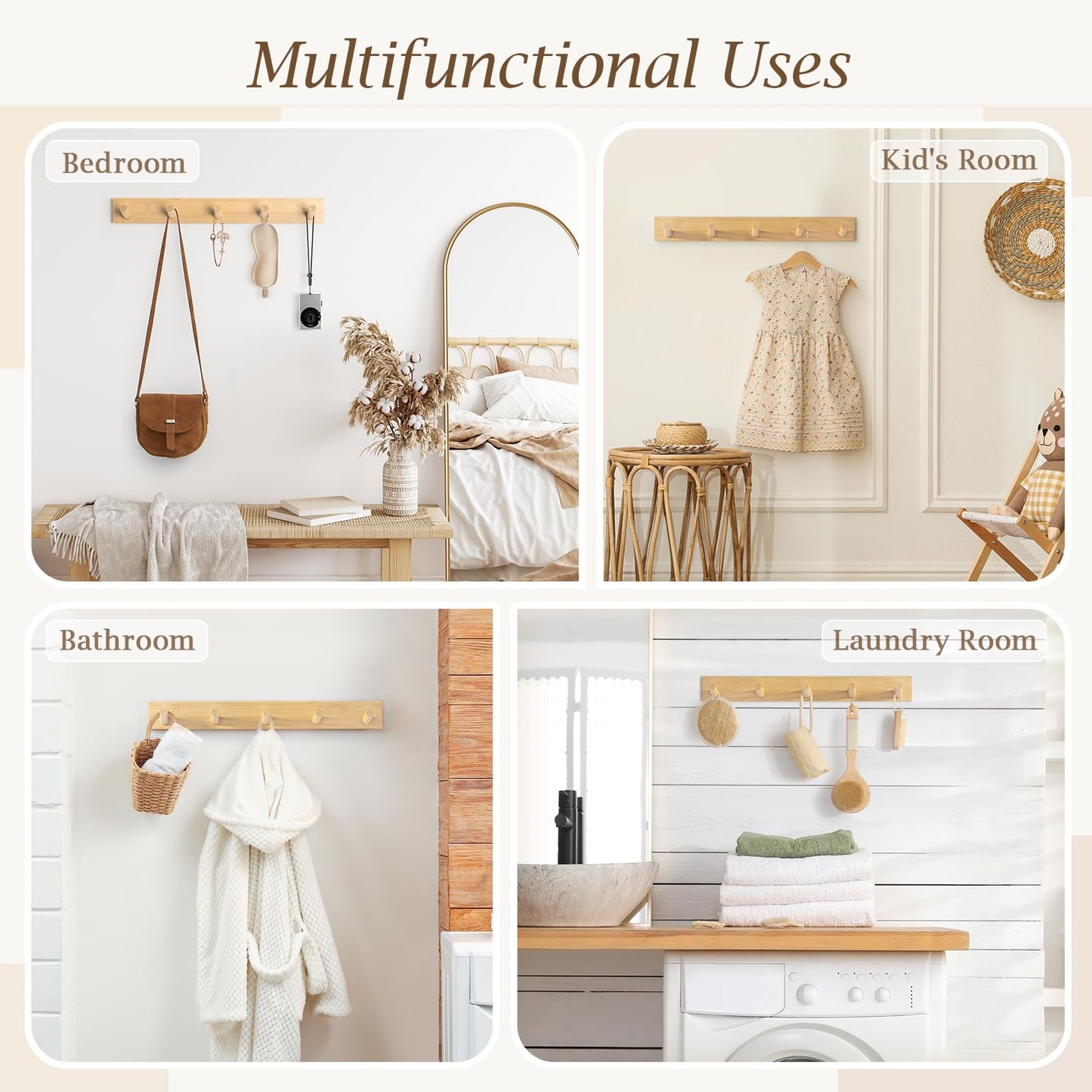 HOMEBROS Coat Rack Wall Mount, Wooden Coat Hanger with 5 Hooks, Heavy Duty, Natural, 1 Pcs